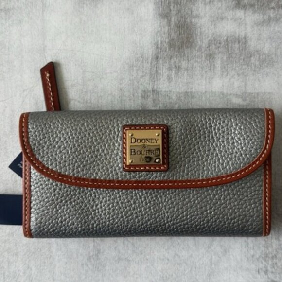 Dooney & Bourke Wallet Pebble Grain Continental Clutch Silver /Brown Trim